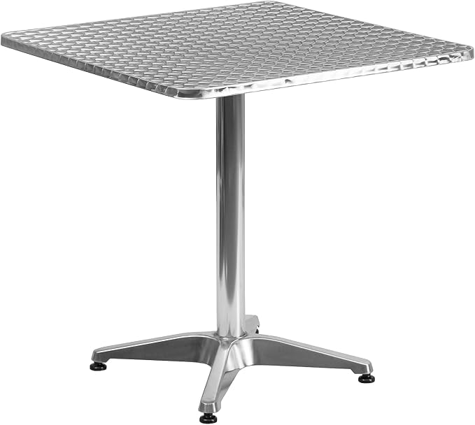 Pemberly Row Square Bistro Table, 27.5 in Aluminum and Stainless Steel, Smooth Designer Tabletop, Lightweight Indoor/Outdoor Patio Dining Table for Commercial or Residential Use