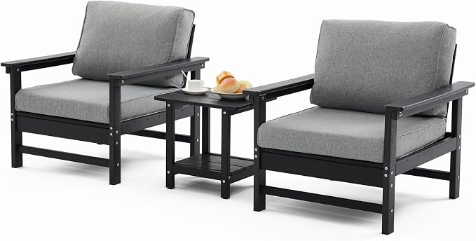 HDPE Outdoor Patio Bistro Set with Cushions, 3 Piece Patio Conversation Set Sofa Set,All Weather Outdoor Couch Set with Coffee Table for Lawn, Garden, Deck