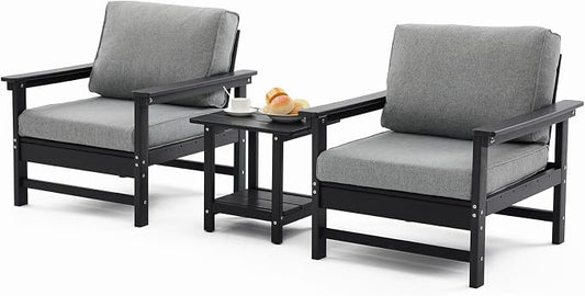 HDPE Outdoor Patio Bistro Set with Cushions, 3 Piece Patio Conversation Set Sofa Set,All Weather Outdoor Couch Set with Coffee Table for Lawn, Garden, Deck