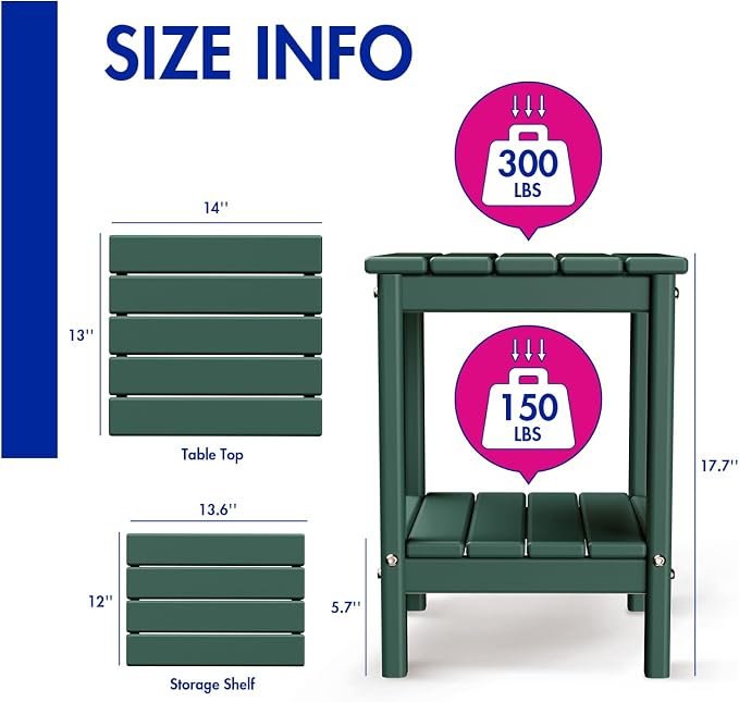 BRIOPAWS Outdoor-Side-Tables | Set of 2 | Small | HDPE Plastic | Patio End-Table | 2-Shelf Adirondack Outside Tables | All Weather | for Poolside Front Porch Indoor Living Room | 14" x 13" | Forest