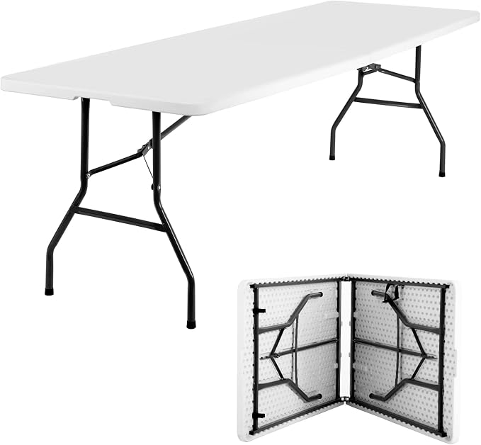8FT Folding Table, Heavy Duty Foldable Dining Table, Portable Plastic Picnic Table with Handle, Indoor Outdoor Camping Table, Fold-in-Half Rectangular Banquet Party Table – White