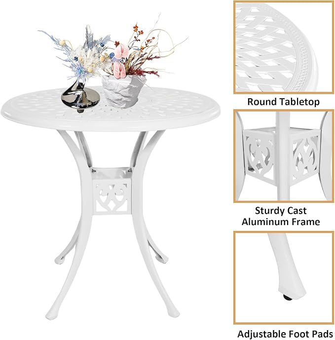 30.31" Cast Aluminum Outdoor Dining Table, Patio Bistro Table with 2.36" Umbrella Hole, Metal Conversation Furniture for Garden Porch