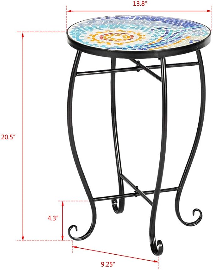 Mosaic Outdoor Side Table, 14inch Round Small Patio Accent Table Ottoman Mosaic Bistro Table Indoor End Table for Yard, Garden, Living Room, Bistro Balcony or Lawn (Sun, 14'')