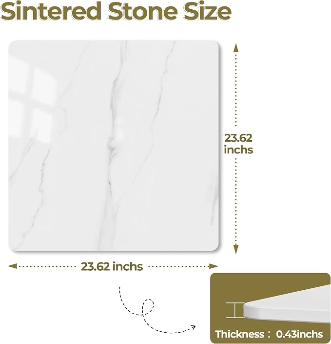Square Table Top, 23.6” White Sintered Stone Tabletop, DIY Replacement & Cover Marble Desktop, Scratch & Wear Resistant, Suitable for Indoor & Outdoor