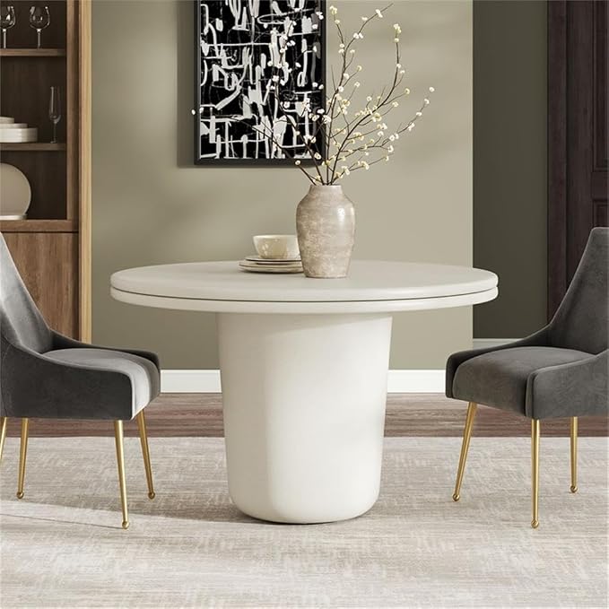 Pemberly Row Concrete Round Top Dining Table, 48 Inch White Finish, Contemporary Indoor Outdoor Design, Double Lip Edging, Cylindrical Base, Seats 2-4, Patio or Dining Room Table for Modern Spaces