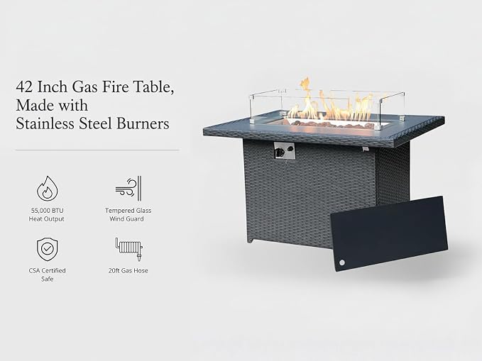 Fully Assembled 11 Piece Aluminum Wicker Outdoor Patio Furniture with Sunbrella Taupe 6-inch All-Weather Rainshield Cushions, Oversized Seats and 42-inch Fire Table