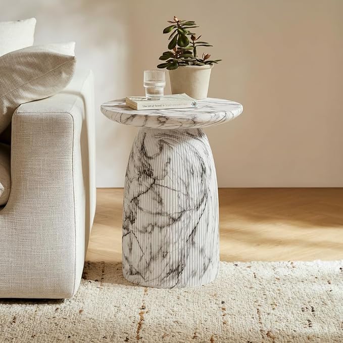 Christopher Knight Home Norford 17" Lightweight Concrete End Table, Indoor Outdoor Accent Table, Round Side Table with Marble Effect and Sculptural Base, Side Table for Patio or Living Room, Marble