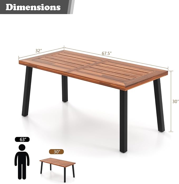 Giantex Patio Dining Table with Umbrella Hole, Outdoor Picnic Table for Backyard, Garden, Lawn, Farmhouse, Acacia Wood Rectangular Table with Metal Legs, Rustic Brown