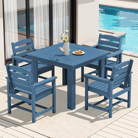 KINGYES 5-Piece HDPE Outdoor Dining Set for 4, Square Patio Table & Armchairs with Umbrella Hole, All-Weather Patio Dining Set for Backyard, Garden, Lawn & Poolside, Blue