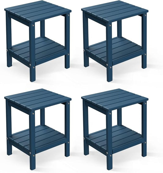 GREENVINES Adirondack-Outdoor-Side-Table | Set of 4 | 14 x 13 Inches | HDPE Plastic | All Weather | Blue | Outside End Tables | Storage Shelf | for Patio Porch Backyard Indoor