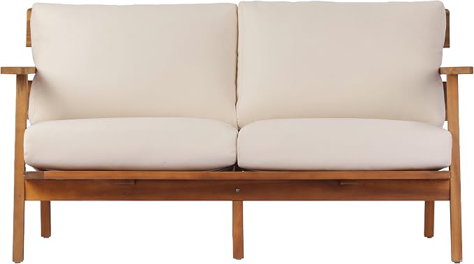 Christopher Knight Home Colmar 2 Pieces Conversation Set, Mid Century Patio Loveseat Sofa and Coffee Table, Outdoor Acacia Wood Loveseat and Table Set with Cushions in Slats Panels Design, Teak+ Beige