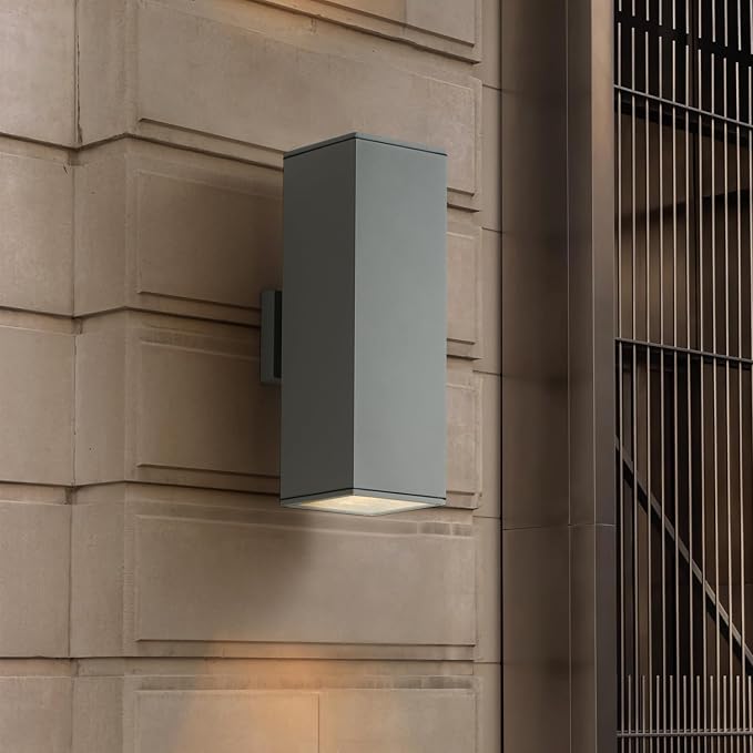 mirrea 18" Modern Outdoor Porch Light in 2 Lights, Matte Gray, 2 Pack | Patio wall sconce, aluminum rectangular tube, tempered glass, waterproof. Up & down lighting for outdoor wall mount fixture.