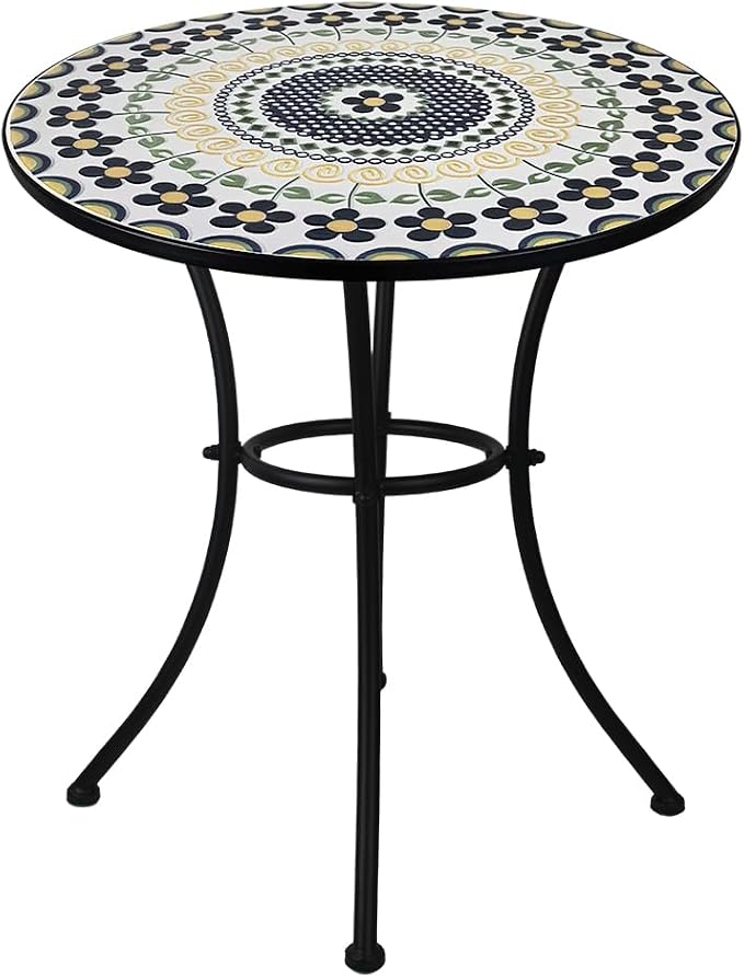 23.6" Outdoor Patio Mosaic Round Table Garden Bistro Accent Table | Ceramic Tile Waterptoof Side End Table Metal Frame Dining Table Furniture for Balcony Backyard Porch Poolside Terrace