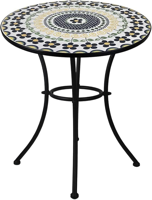 23.6" Outdoor Patio Mosaic Round Table Garden Bistro Accent Table | Ceramic Tile Waterptoof Side End Table Metal Frame Dining Table Furniture for Balcony Backyard Porch Poolside Terrace