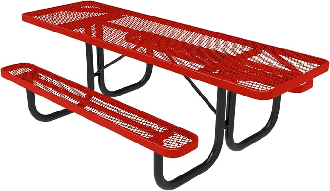 COATEDOUTDOORFURNITURE Heavy-Duty Portable ADA-Compliant Outdoor Picnic Table, Expanded Metal Patio Dining Furniture Made in America (8ft Rectangular, Both-Side Handicap, Red)