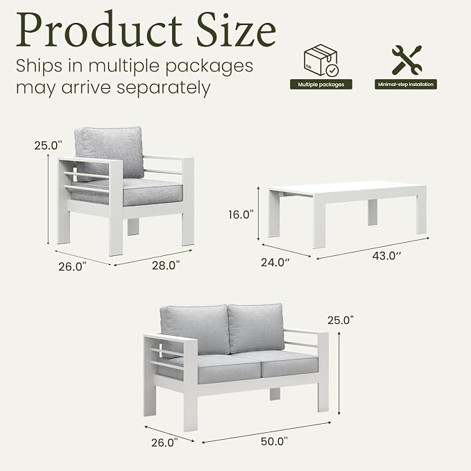 LayinSun Outdoor Aluminum Furniture Set, 4 Pieces Patio Sectional Conversation Chat Sofa Modern Seating Set with Coffee Table