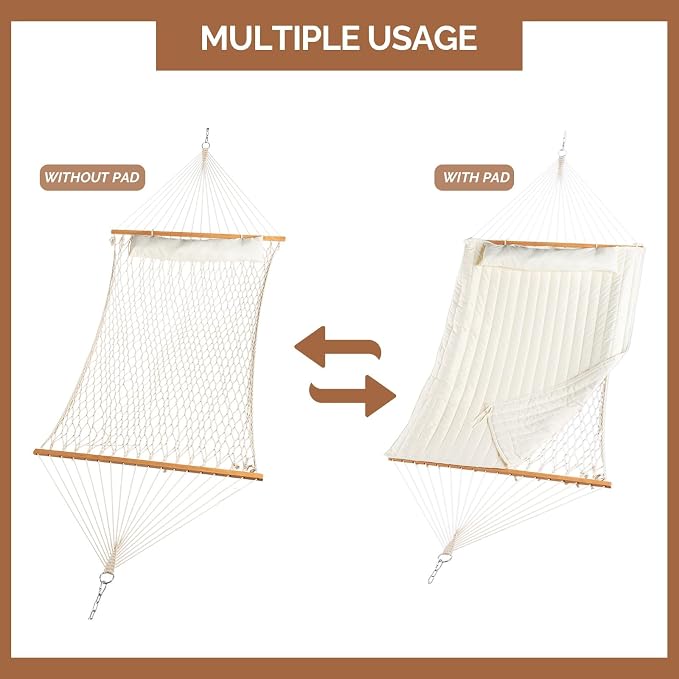 Double Hammock with Stand Adjustable Hammock Set for 2 Person Holds 550lbs, Include Dual-Spreader Bar, Pillow, Easy Setup, Free Standing hammocks for Outside, Patio, Yard, Garden (Beige)
