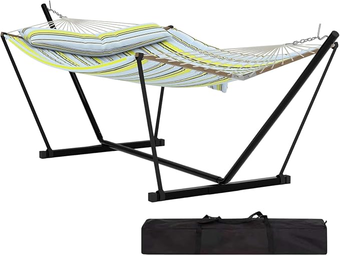 12FT Hammock with Stand for Outside,Heavy Duty Hammock Stand and Cotton Polyester Fabric,450lbs Capacity,Carrying Bag,2 Person Hammocks for Patio,Garden,Backyard,Camping, or Beach,Light blue and green