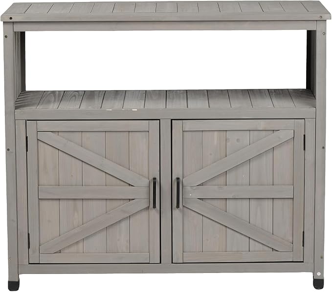 Wooden Patio Bar Table with Storage, Outdoor Buffet Cabinet Sideboard, Grey