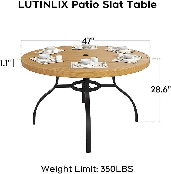 47” Round Outdoor Dining Table for 6,Metal Patio Dining Table with Adjustable Umbrella Hole,All-Weather Brown Outdoor Patio Table for Porch, Garden, Backyard, Poolside, Lawn