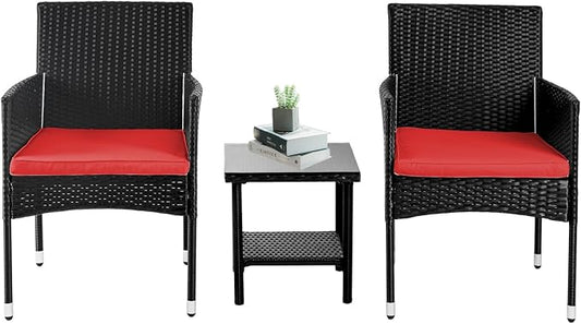 PayLessHere Set of 3 Outdoor Furniture Set Heavy Duty Patio Furniture Set Sturdy Conversation Set with 2 Rattan Chairs Glass Top Coffee Table Seat Cushions for Coffee Bar Poolside Patio Outdoor, Red