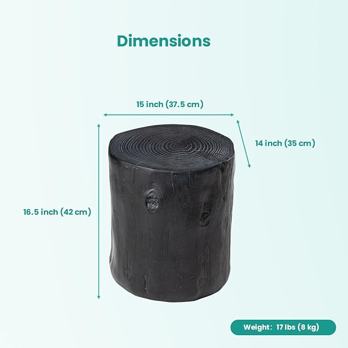 SUNBURY Outdoor Stump Side Table, Faux Wooden Concrete End Table, Black Round Patio Accent Table,Decorative Planter Stand Ottoman for Garden Household Living Room