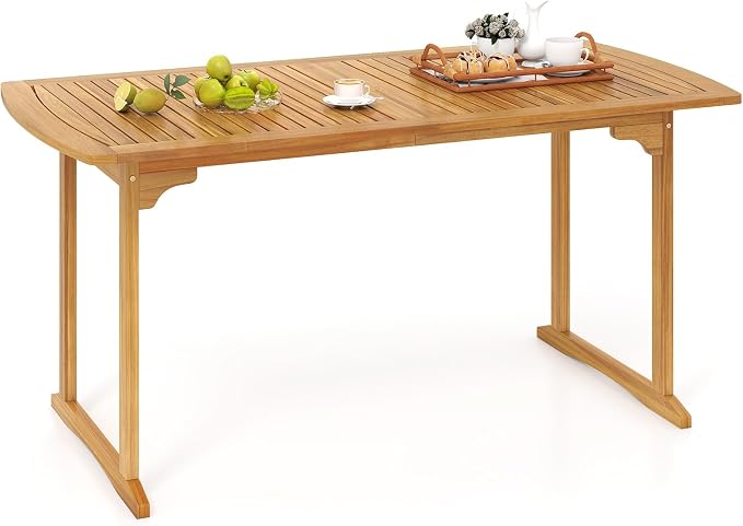RELAX4LIFE 63’’ Wooden Outdoor Dining Table - Acacia Wood Rectangular Patio Table for 4-6 People w/Umbrella Hole & Slatted Tabletop, Farmhouse Furniture for Pool Backyard Garden Porch (U-Shaped Leg)