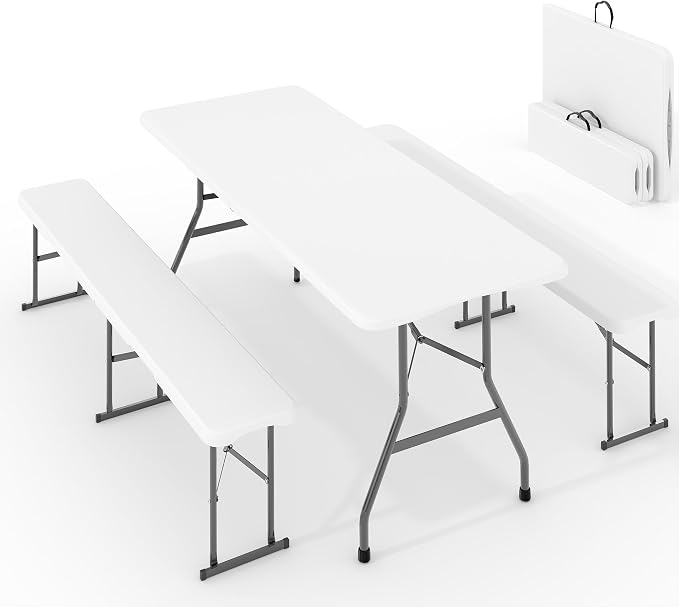 Garvee 6FT Portable Folding Table Sets with 2 Bench, HDPE Plastic Foldable Table with Carry Handle for Camping, Parties, Picnic & Events Indoor Outdoor，White