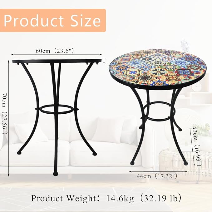 24 Inch Mosaic Patio Round Side Table with Ring Curved Legs Indoor and Outdoor Accent End Table for Yard, Garden, Living Room, Bistro, A - Multicolor Talavera