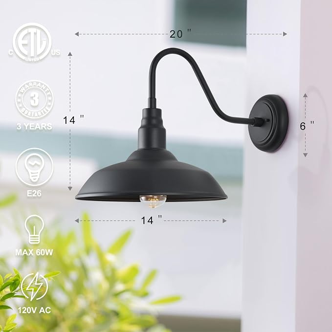 14 Inch Gooseneck Barn Lighting Outdoor Large Exterior Gooseneck Light Fixtures, Matte Black Farmhouse Barn Lights 2 Pack Outside Goose Neck Deck Wall Sconce for House, Garage
