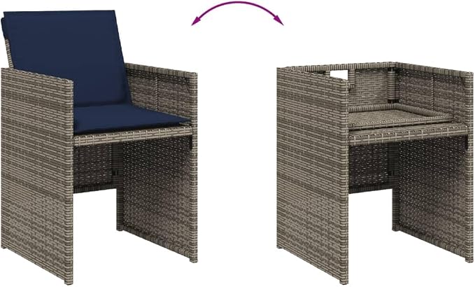 5 Piece Garden Dining Set with Cushions Grey Poly Rattan Outdoor Patio Furniture Space Saving Foldable Chair Acacia Wood Table UV Resistant