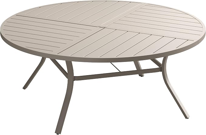 VICLLAX 63" Round Outdoor Table, Patio Dining Table for 8-10 with Umbrella Hole for Garden Lawn Deck Backyard, Sandshell