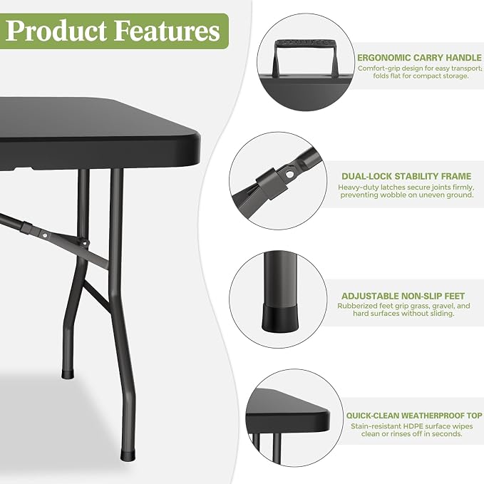 MEI&CO 6ft Heavy-Duty Outdoor Folding Table for 6 - Sturdy HDPE Top, 350lbs Capacity, Foldable Lockable Design, No Assembly - Camping Parties Picnics (Black)