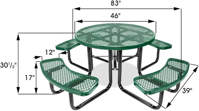Heavy Duty 46 inch Expanded Metal Round Picnic Table (Green)