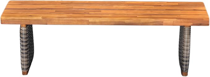Christopher Knight Home Pasco Acacia Wood Outdoor Dining Table Set for 6, Wicker Patio Dining Set with Acacia Wood Table and Bench, Patio Table and Chair Set with Cushion+Rope Backrest, Teak+Grey