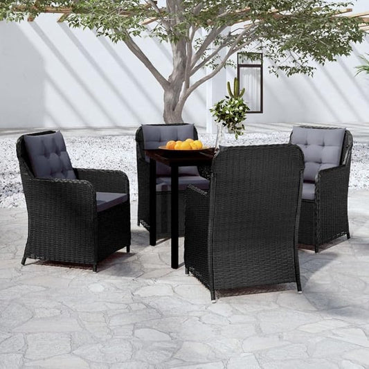 5 Piece Patio Dining Set Black with Cushions Outdoor Rattan Table and 4 Chairs for Garden Backyard Porch Steel Frame Glass Top Weather Resistant