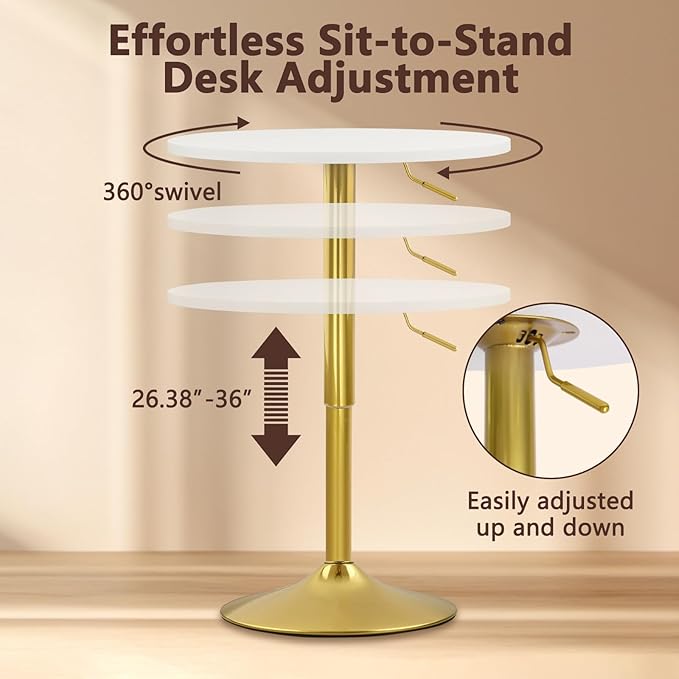 CLATINA Round Bar Pub Tables Set of 6, 26"-36" Height Adjustable Bistro Table with Gold Base, 360° Swivel High Top Cocktail Table for Home Kitchen Party Drink Restaurant Wedding Cafe Reception, White
