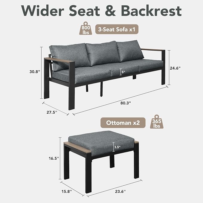 Patio Furniture Set 3 Seats Sofa and Ottoman All-Weather Patio Sofa with Washable Thick Cushions, Deluxe Aluminum Modern Outside Sectional for Porch, Balcony, Deck, Yard, Light Gray