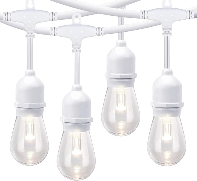 96FT (2x48FT) LED Dimmable Outdoor String Lights, Patio String Lights Waterproof, Commercial Grade&Shatterproof, 4000K Natural White, White Cords, 15 Hanging Sockets String for Backyard, Gazebo