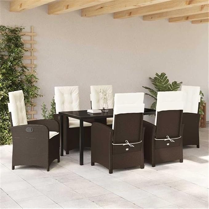 Afuera Living 7 Piece Poly Rattan Patio Dining Set with Cushions, Brown Finish, Weather-Resistant Steel Frame, Glass Table Top, Adjustable Backrest, Ergonomic Seating for Outdoor Garden or Backyard