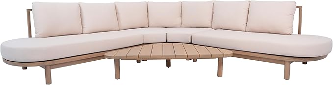 Christopher Knight Home Gemsy 118" Acacia Wood Outdoor Patio Furniture Set with Cushion, Outdoor Half Moon Curved Sectional Sofa Set with Coffee Table, Patio Sectional Sofa Set, Beige + Brown