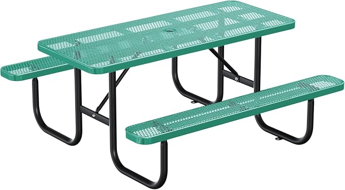 6FT Rectangular Outdoor Picnic Table with Attached Benches, Heavy-Duty Expanded Metal Mesh Patio Table, Commercial-Grade Outdoor Seating for Park, Backyard, Deck, Lawn, Green