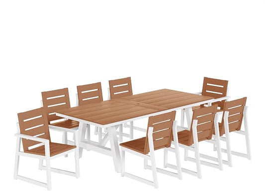 WestinTrends Cape May 9-Piece HDPE Outdoor Furniture Patio Dining Table with Umbrella Hole and Chairs Set for 8, Teak