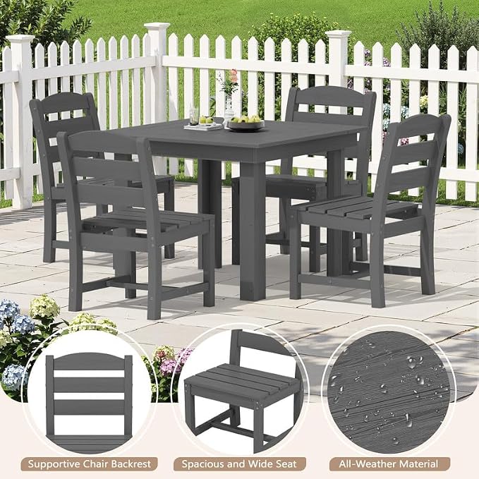 KINGYES 5-Piece HDPE Outdoor Dining Set for 4, Square Patio Table & Armless Chairs with Umbrella Hole, All-Weather Patio Dining Set for Backyard, Garden, Lawn & Poolside, Gray