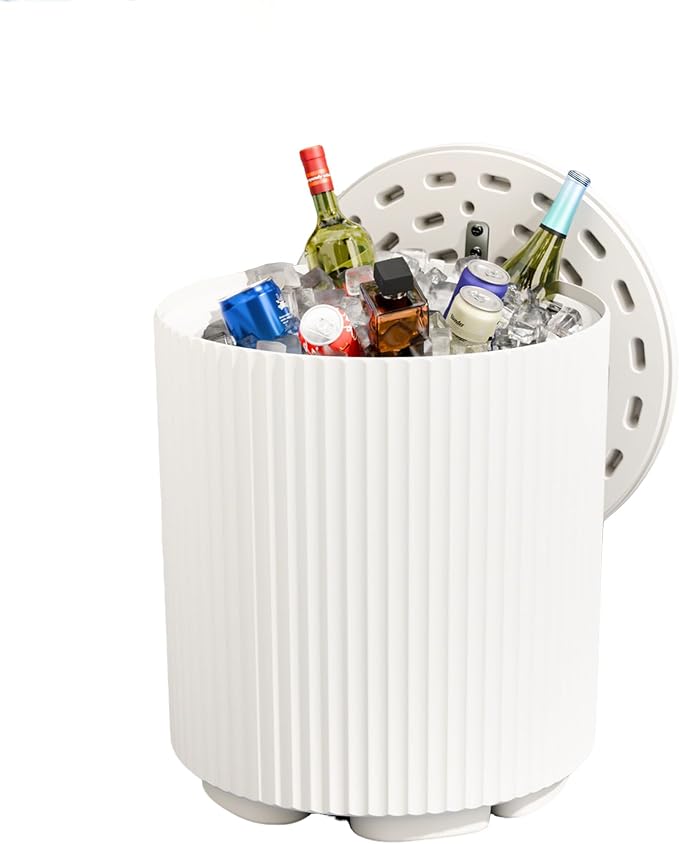 Outdoor Cooler Side Table, 2-in-1 Ice Chest Side Table Bucket All Weather Resistant, Portable Cooler Table for Patio & Parties & Picnics & Beach & BBQ, White