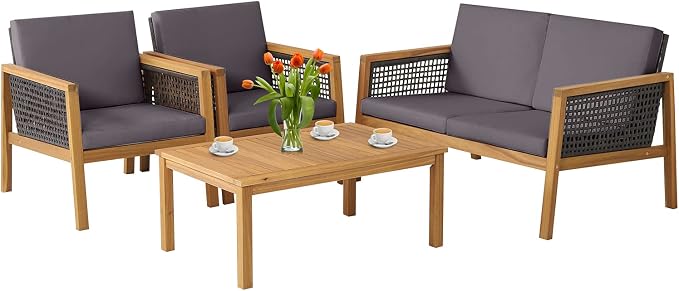 4 Pieces Outdoor Acacia Wood Furniture Sofa Set, Outdoor PE Wicker Conversation Set with Coffee Table and Soft Cushions for Garden, Poolside and Backyard (1, Grey)