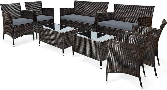 8 Pieces Patio Sofa Set, Patio Rattan Furniture Set with Ergonomic Curved Backrest, Water-Resistant Cushion & Tempered Glass Table for Balcony, Porch (Gray)