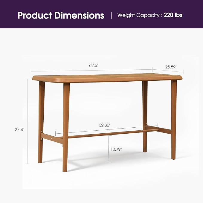 PURPLE LEAF Counter Height Table Patio Retangluar Table Dining Coffee Kitchen Breakfast Bistro Outdoor Pub Bar Table for Garden Balcony, Deep Teak