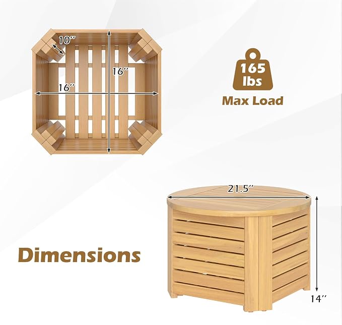 HAPPYGRILL Outdoor Side Table with Umbrella Hole, Acacia Wood End Table with Storage, Removable Base, Patio Storage Box for Backyard, Balcony, Poolside (Octagonal)