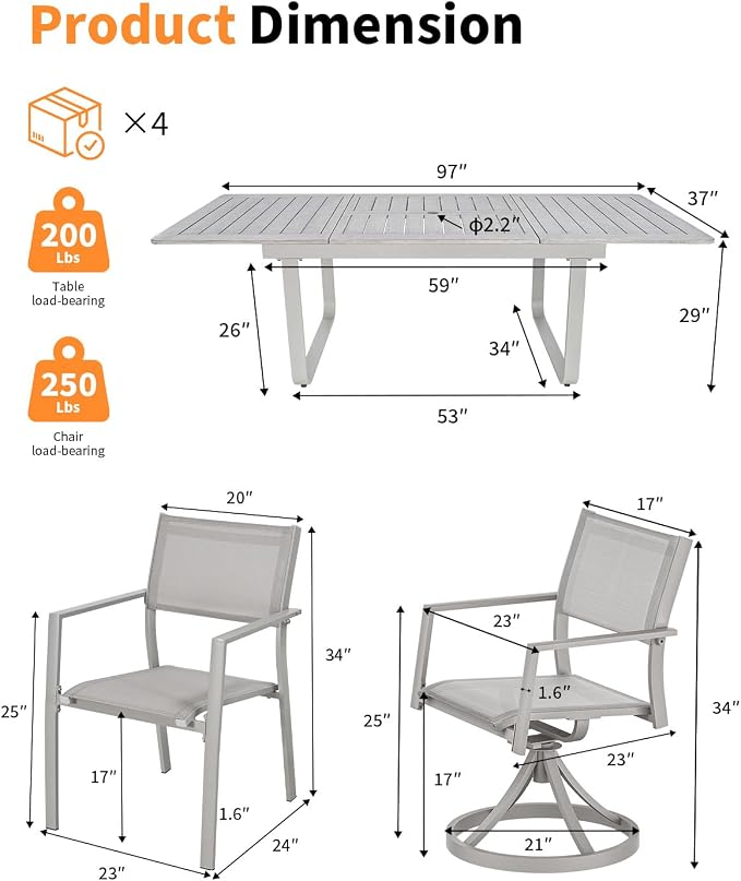 9 Pieces Extendable Outdoor Dining Table Set, Aluminum Patio Dining Set with Swivel Chairs, Expandable Outdoor Dining Table and 6 Stackable Textilene Dining Chairs for Deck, Balcony, Yard